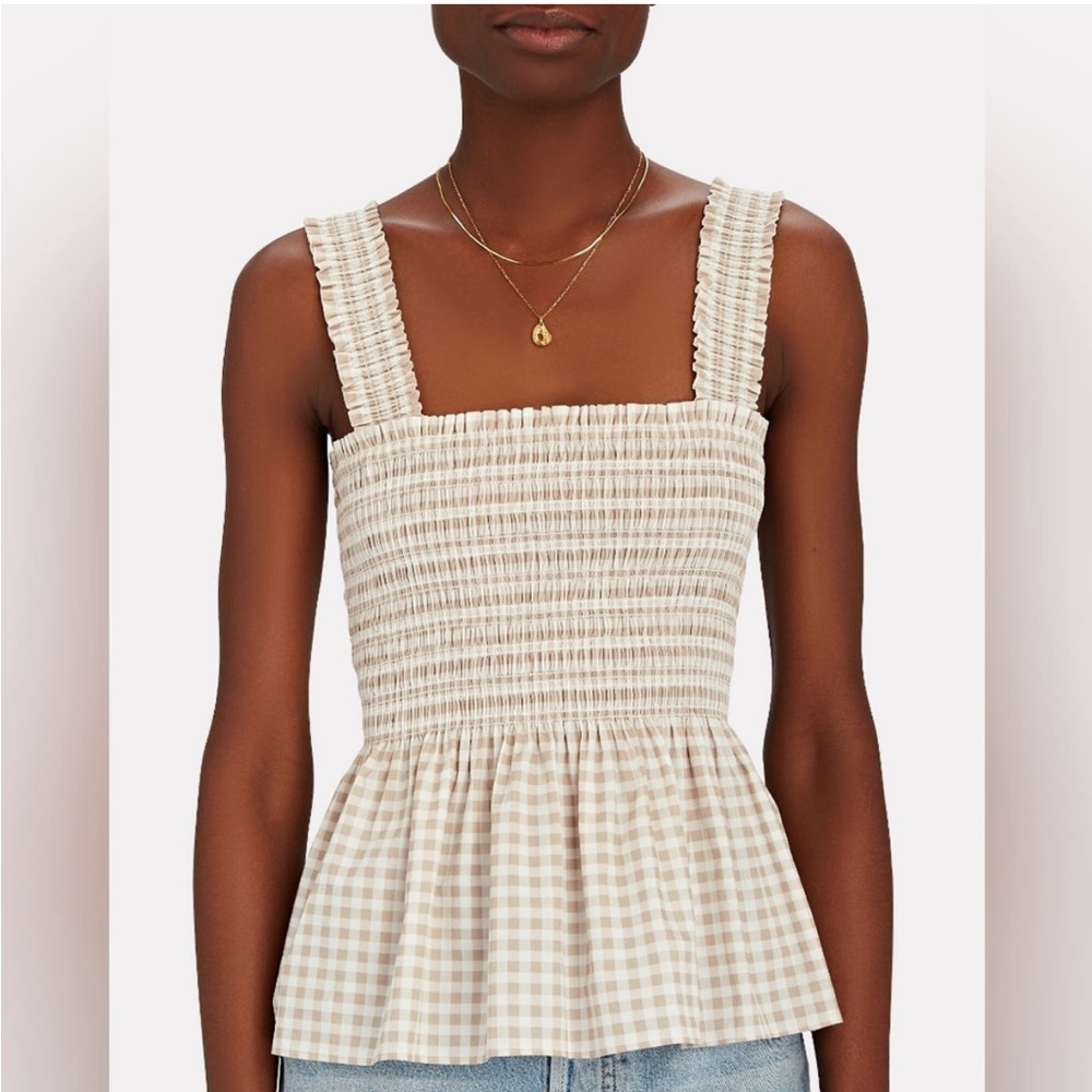 Intermix Tan Smocked Gingham Peplum Tank Top